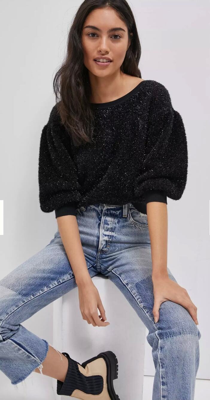 Maeve Anthropologie Pamela Tinsel Shimmer Sweater Puff Sleeves Black L Sparkle